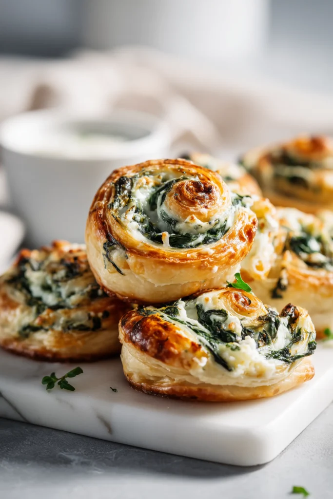 Golden Spinach Puffs arranged on a white marble background, showing flaky pastry and creamy spinach filling.