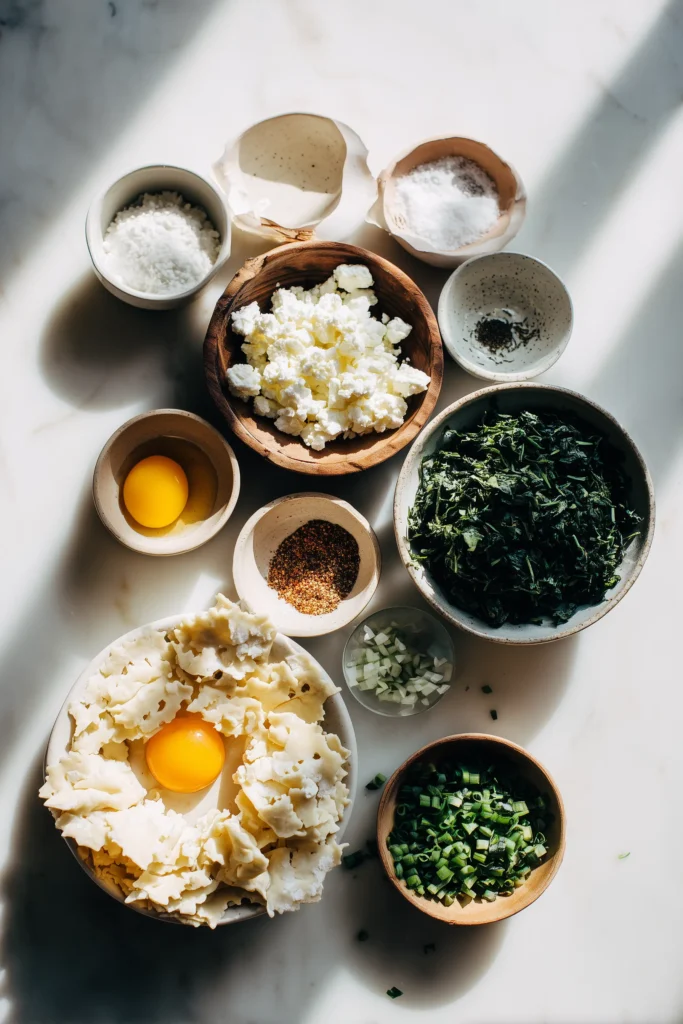 Spinach Puff ingredients like pastry, spinach, and cheese laid out on a marble surface.