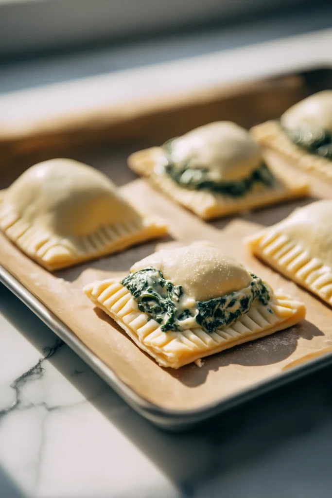 Unbaked Spinach Puffs being filled and folded on a parchment-lined tray.