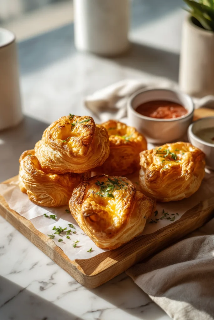 Golden Spinach Puffs served on a board with dipping sauce and herbs, inviting for brunch.
