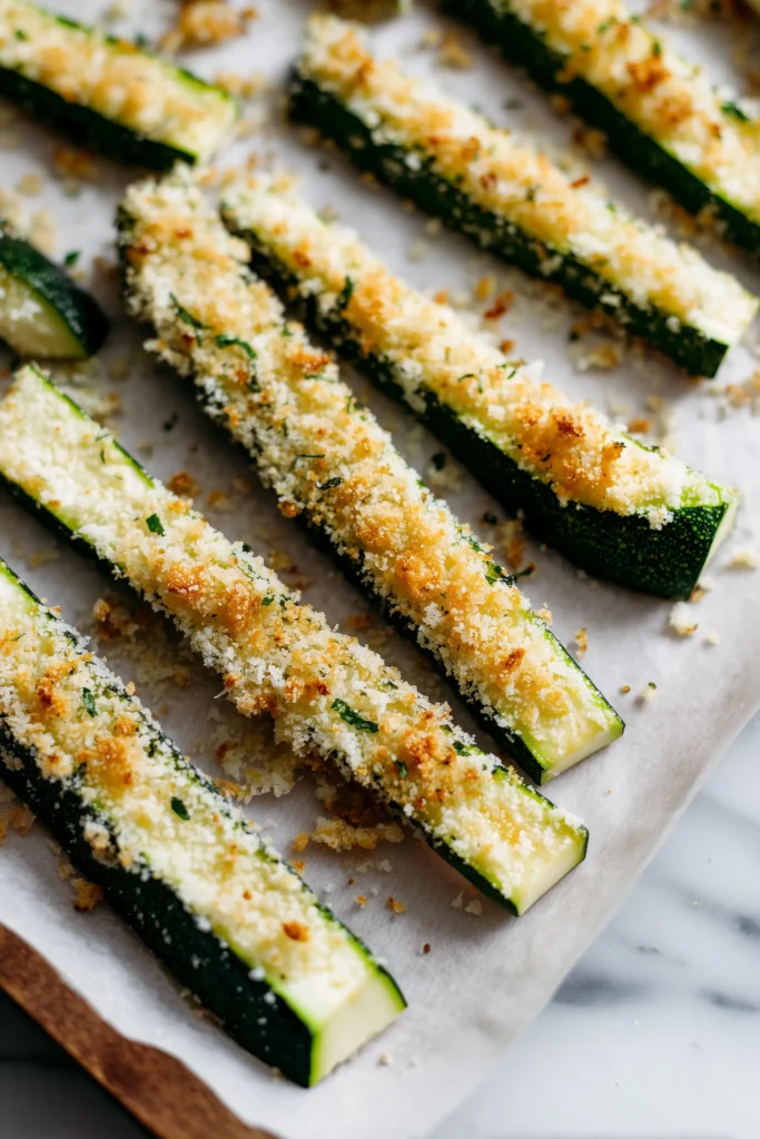Air Fryer Zucchini Fries 3 Zucchini fries being dipped in egg and then coated in breadcrumbs and Parmesan on a lined tray.