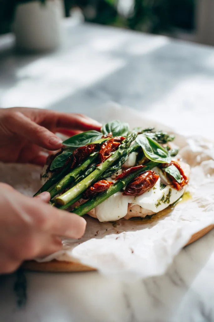 Step showing chicken breast filled with asparagus, cheese, and tomatoes, about to be rolled for Best Stuffed Chicken Breast with Asparagus.