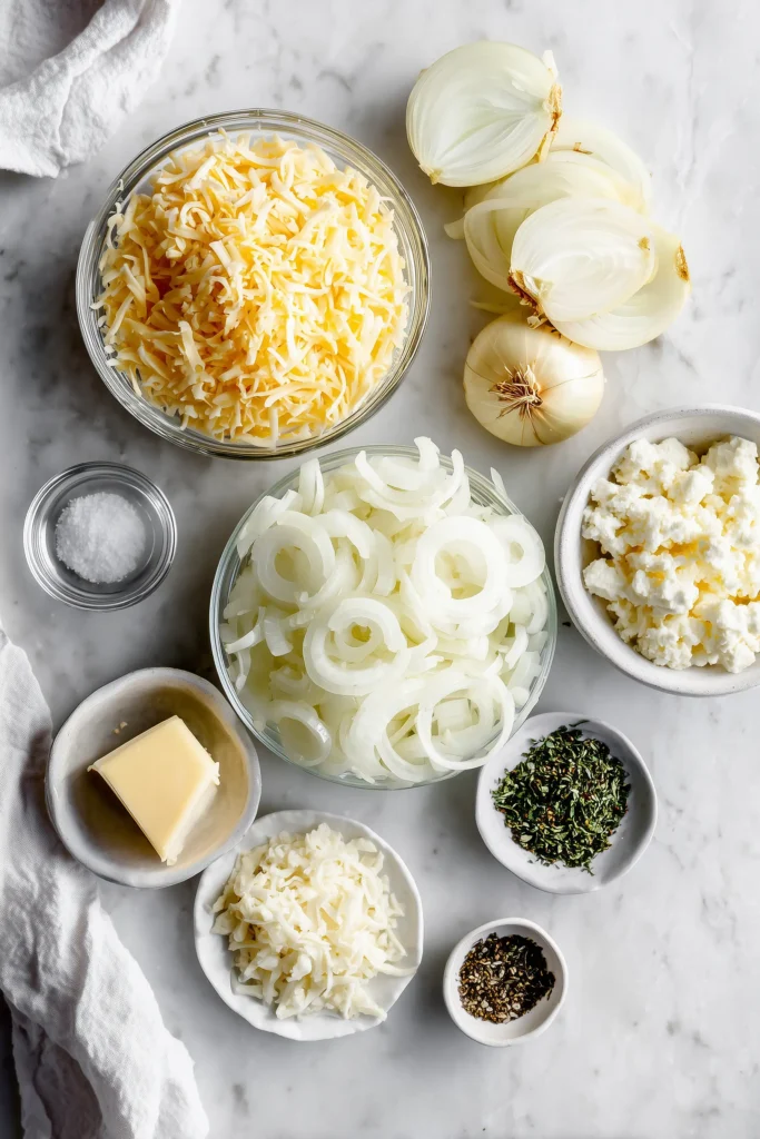Tennessee Onions – A Southern Comfort Classic 2 Ingredients for Tennessee Onions – A Southern Comfort Classic arranged on a bright marble surface.