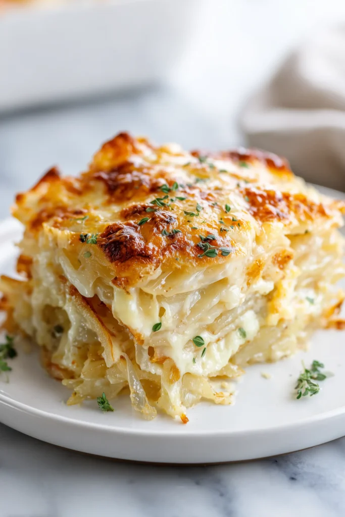 Tennessee Onions – A Southern Comfort Classic 4 A plated serving of Tennessee Onions – A Southern Comfort Classic with melty cheese and onion layers.