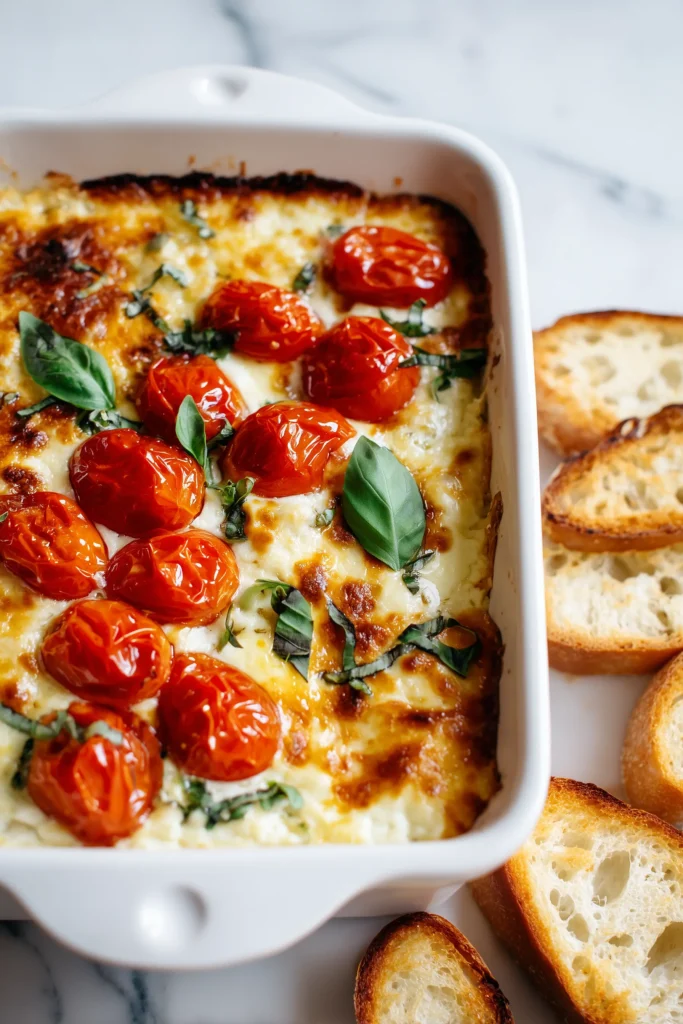 Bright, inviting shot of Three Cheese Tomato Bruschetta Dip Recipe with golden cheese and roasted tomatoes bubbling in a white dish.