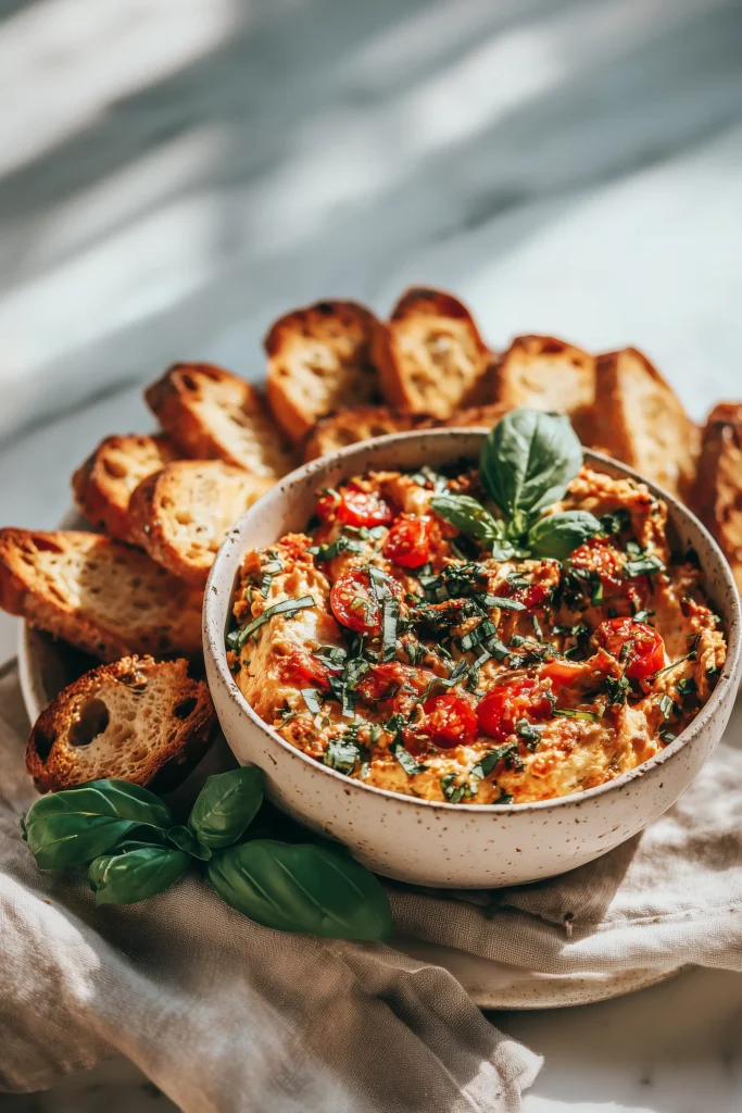 Three Cheese Tomato Bruschetta Dip Recipe 4 Party serving platter with Three Cheese Tomato Bruschetta Dip Recipe, bread, crackers, and fresh basil, ready to share.