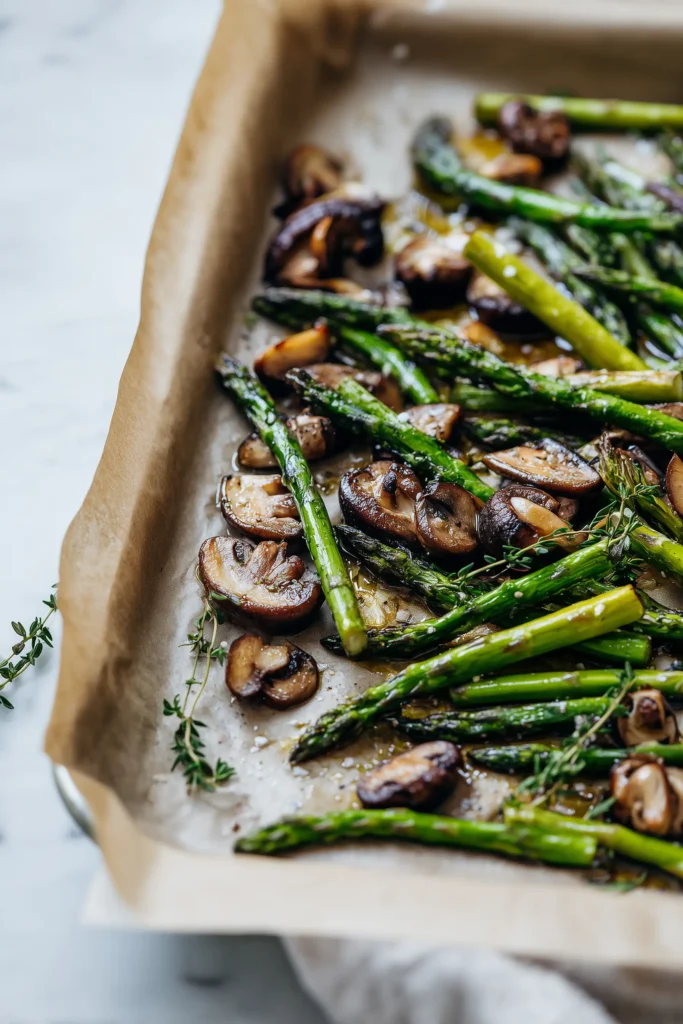 Thyme Roasted Asparagus and Mushrooms 3 Asparagus and mushrooms tossed with oil, garlic, and thyme on a parchment-lined pan for thyme roasted asparagus and mushrooms.
