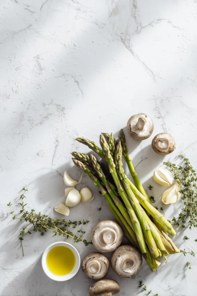 Thyme Roasted Asparagus and Mushrooms 2 Asparagus, mushrooms, thyme, garlic, and olive oil are displayed on a white marble surface for thyme roasted asparagus and mushrooms.