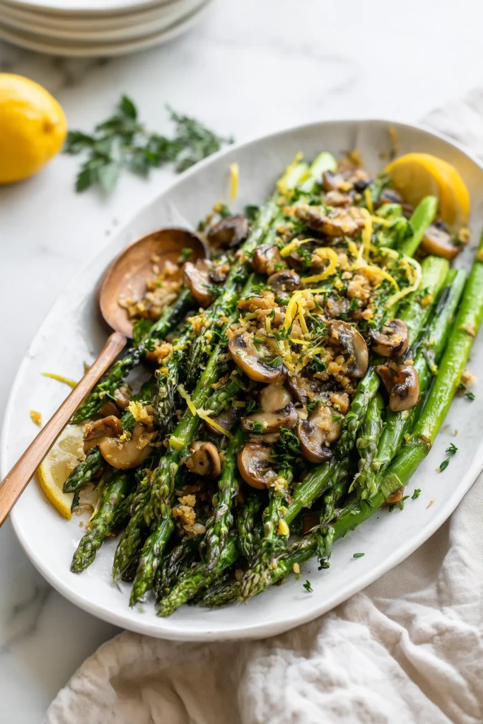 Thyme Roasted Asparagus and Mushrooms 4 A platter of thyme roasted asparagus and mushrooms is topped with lemon zest and herbs, ready to eat.