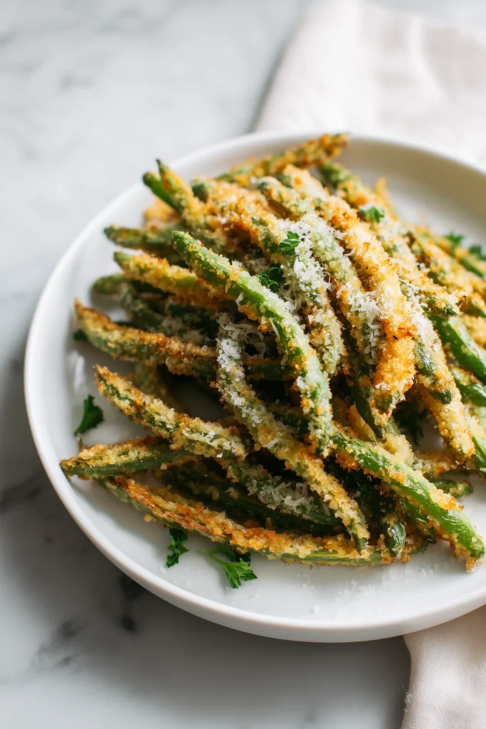 Air Fryer Green Bean Fries 1 A white plate of air fryer green bean fries with golden breadcrumb coating and parmesan, showcasing the dish's vibrant colors and crispy texture.