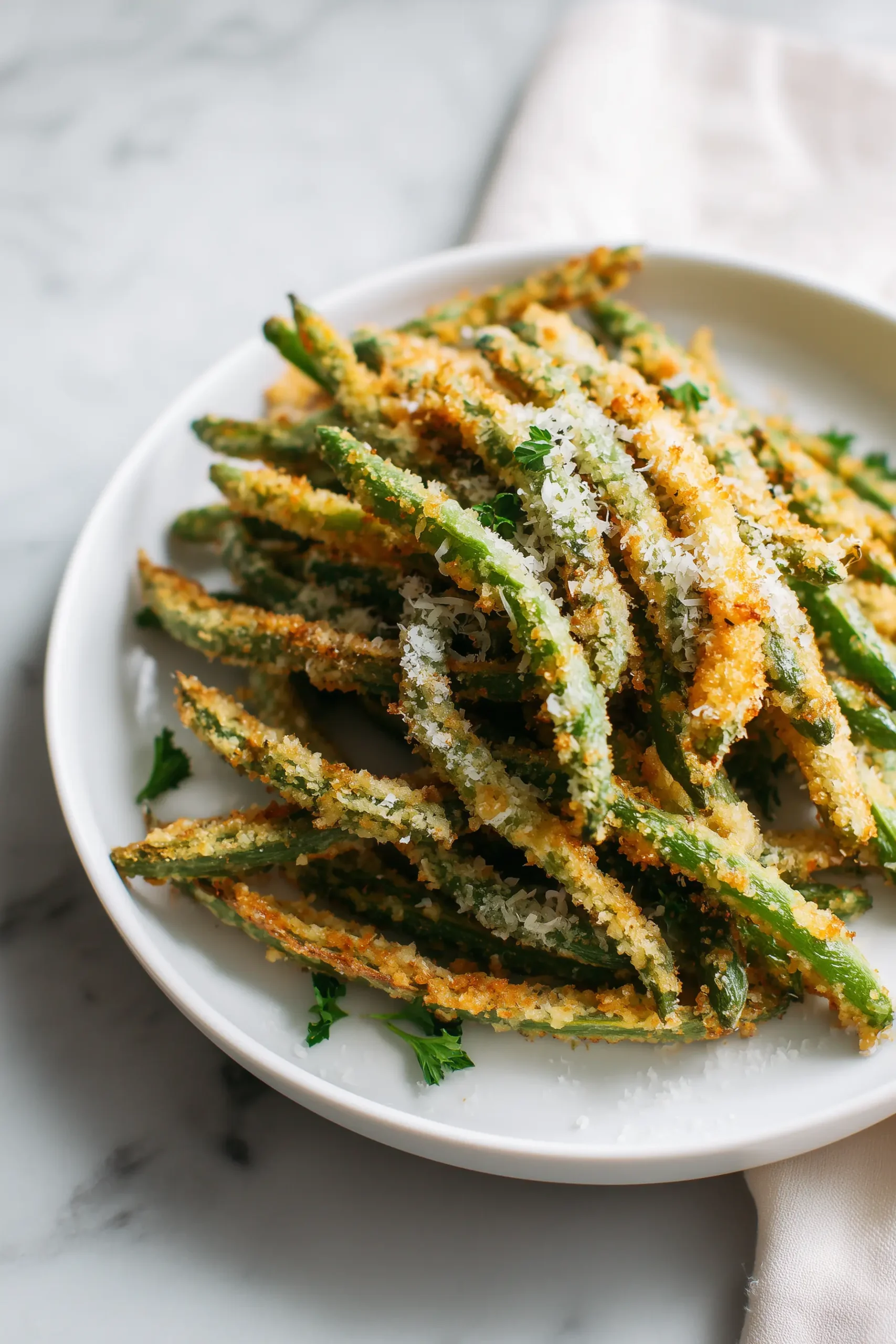 Air Fryer Green Bean Fries 5 A white plate of air fryer green bean fries with golden breadcrumb coating and parmesan, showcasing the dish's vibrant colors and crispy texture.