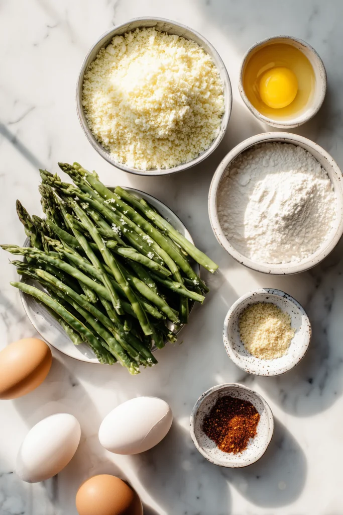 Air Fryer Green Bean Fries 2 Ingredients for air fryer green bean fries laid out on white marble, including fresh green beans, breadcrumbs, flour, eggs, and spices.