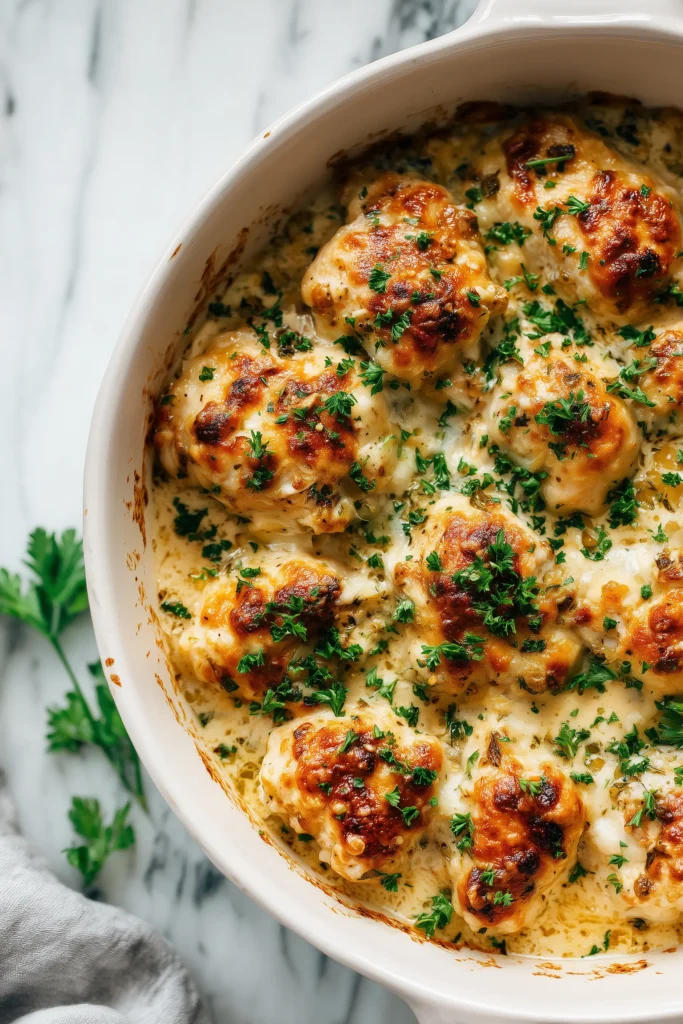 Golden Baked Caesar Chicken with Creamy Parmesan Sauce in a white baking dish, showing tender chicken and creamy sauce.