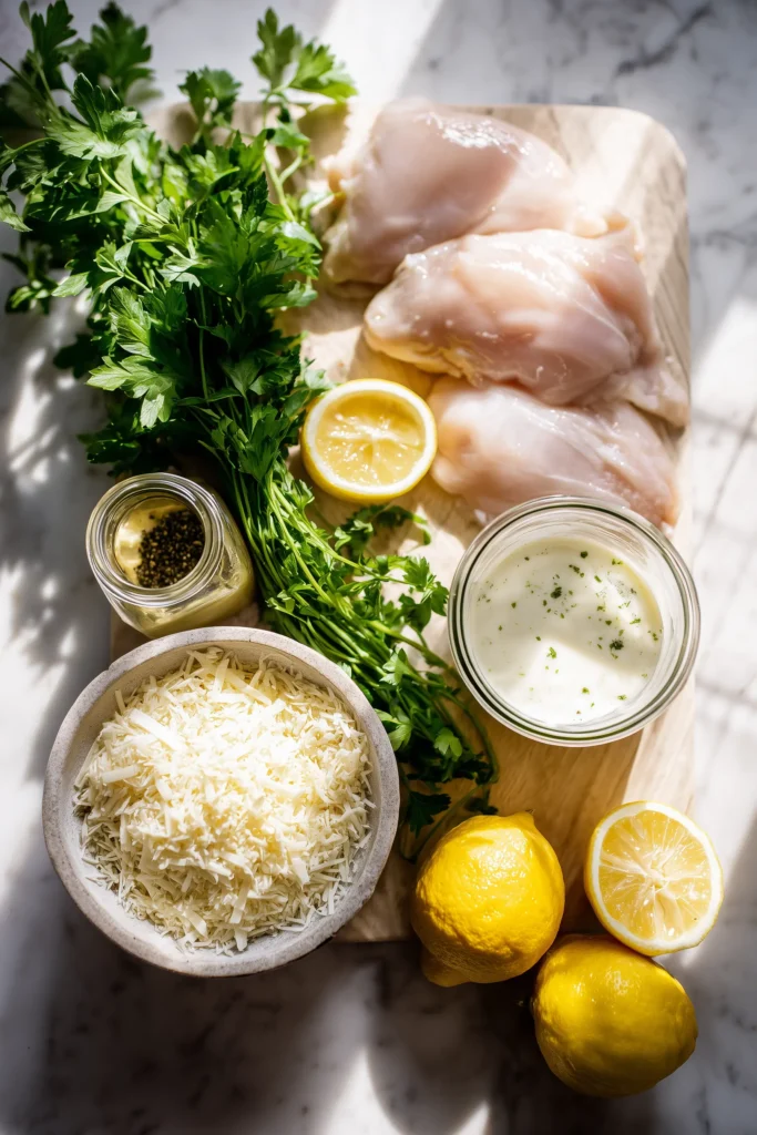 All ingredients for Baked Caesar Chicken with Creamy Parmesan Sauce neatly arranged on a light surface.