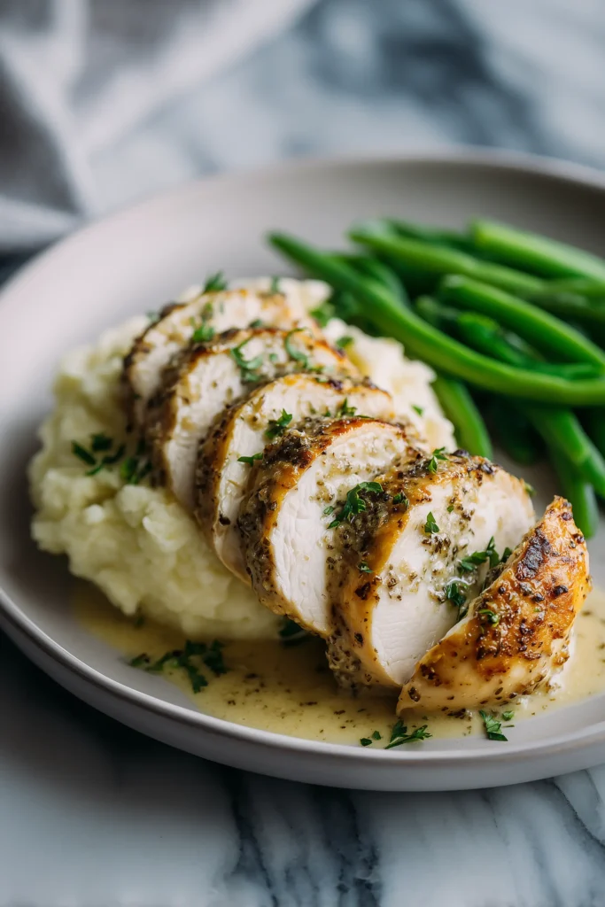 Plate of Baked Caesar Chicken with Creamy Parmesan Sauce alongside mashed potatoes and green beans.