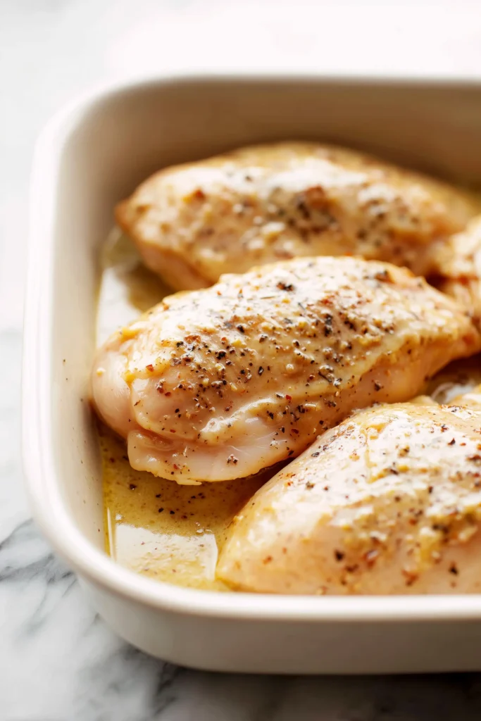 Seasoned chicken breasts in a dish covered in creamy parmesan sauce for Baked Caesar Chicken with Creamy Parmesan Sauce.