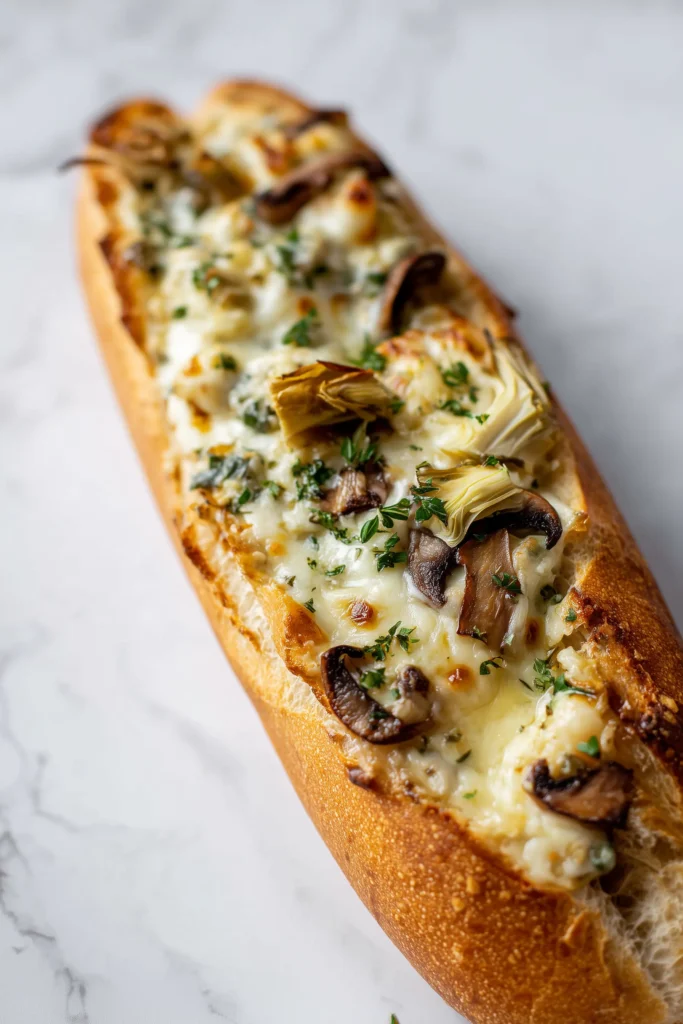 Cheesy Artichoke and Mushroom Stuffed Baguette 3 A baked cheesy artichoke and mushroom stuffed baguette with bubbling cheese.