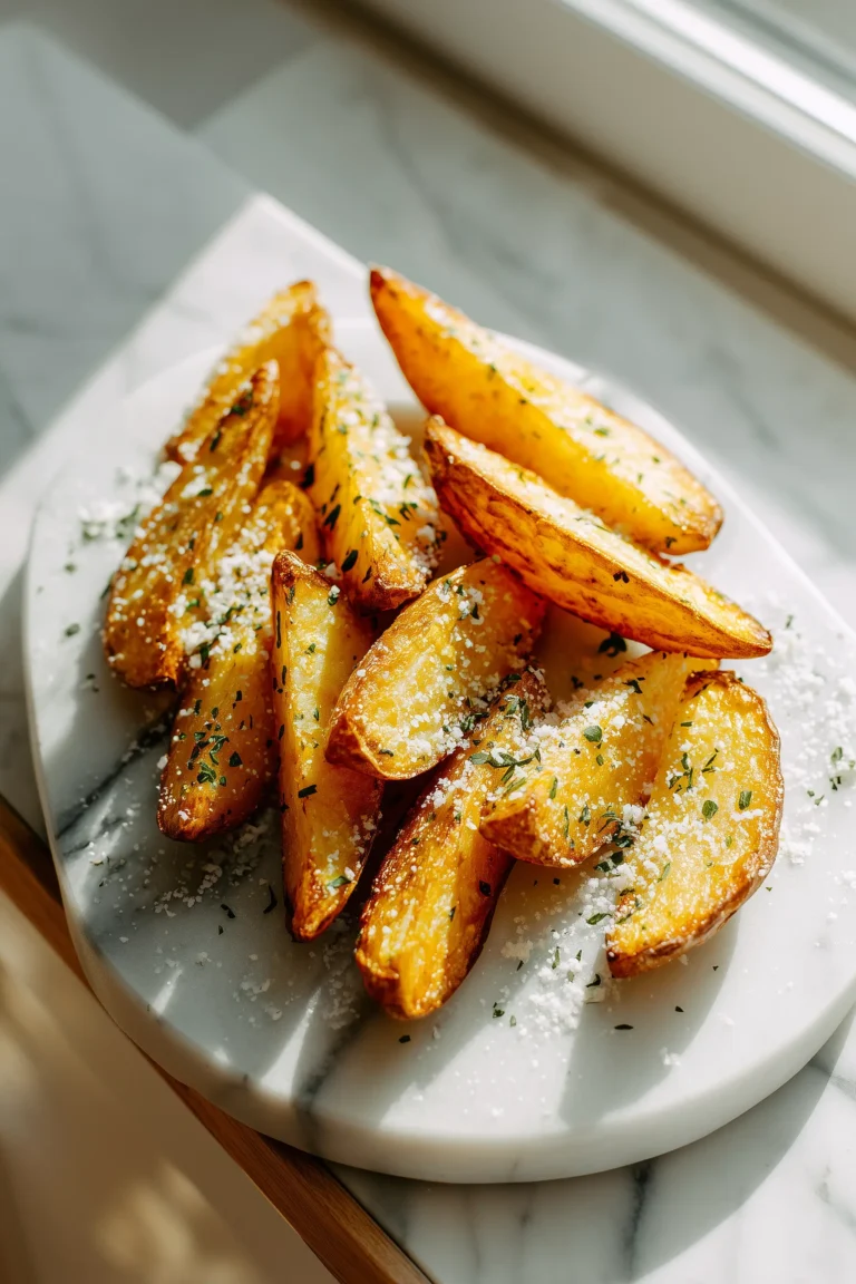 A platter of golden Baked Garlic Parmesan Potato Wedges sprinkled with parmesan and herbs on white marble.