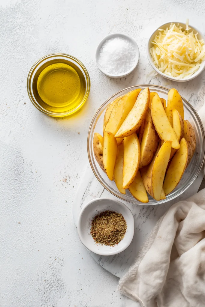 Baked Garlic Parmesan Potato Wedges 2 Overhead view of ingredients for Baked Garlic Parmesan Potato Wedges arranged on white marble.