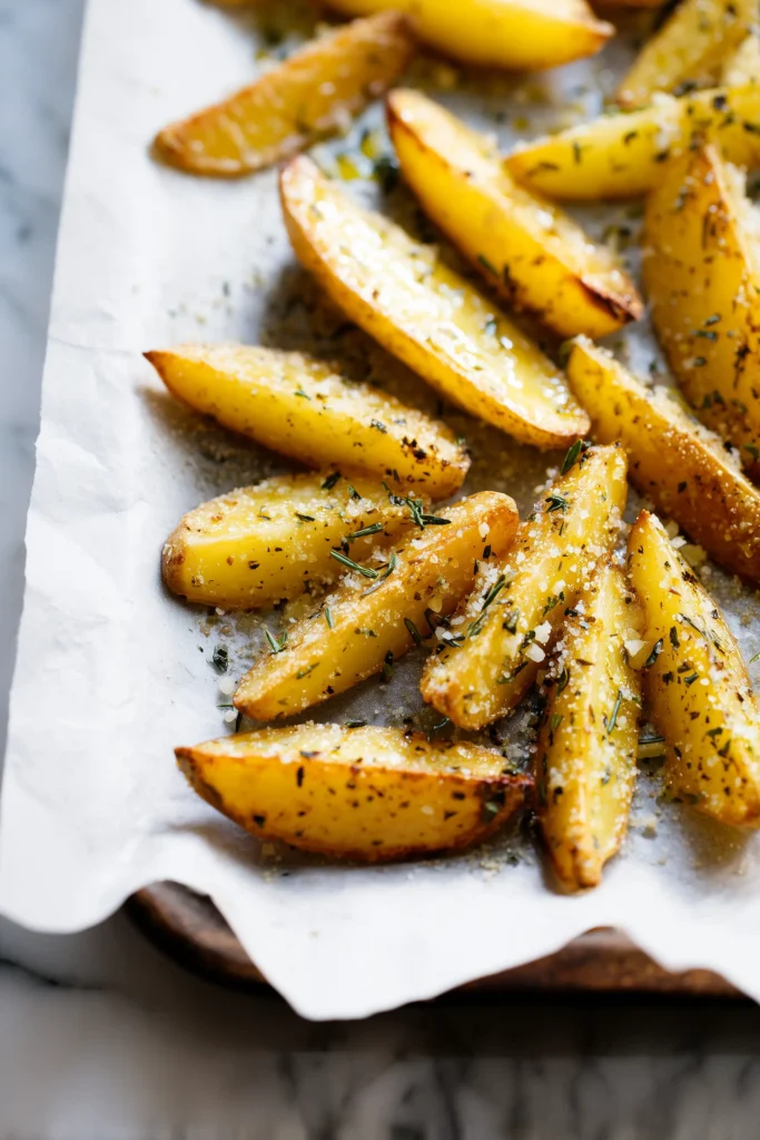 Baked Garlic Parmesan Potato Wedges 3 Parmesan and herb-coated potato wedges arranged on a parchment-lined baking sheet before baking.