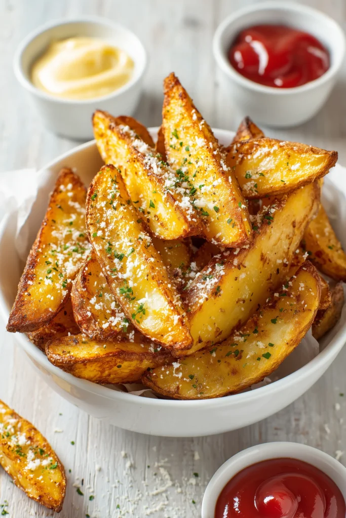 Baked Garlic Parmesan Potato Wedges 4 Baked Garlic Parmesan Potato Wedges in a white bowl with ranch and ketchup dips on light wood.