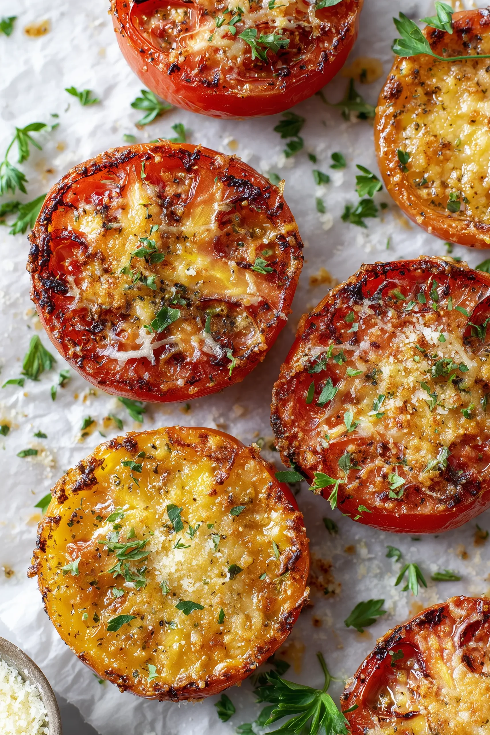 Overhead view of baked Parmesan tomatoes with golden cheese and parsley on a parchment-lined sheet.