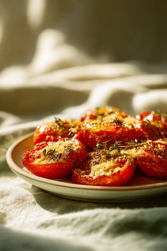 Baked Parmesan Tomatoes 3 Plate of baked Parmesan tomatoes garnished with parsley, served next to a pasta dish on a soft, neutral background.
