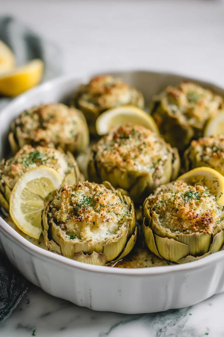 A dish of baked stuffed artichokes with golden breadcrumb topping, the classic look for baked stuffed artichokes.