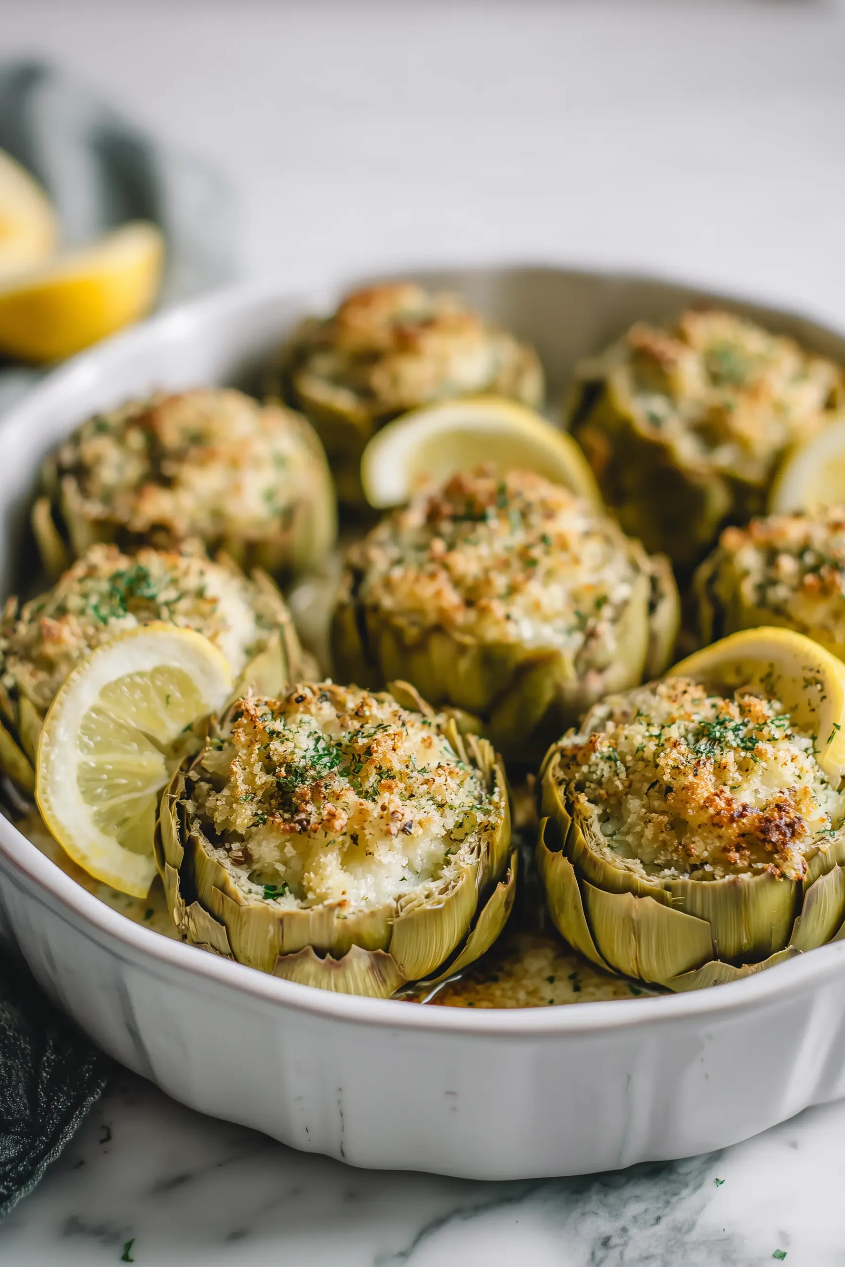 A dish of baked stuffed artichokes with golden breadcrumb topping, the classic look for baked stuffed artichokes.