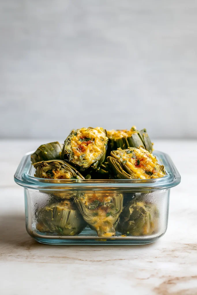 Baked Stuffed Artichokes 3 Baked stuffed artichokes stored in a glass container, showing how to keep baked stuffed artichokes fresh for later.