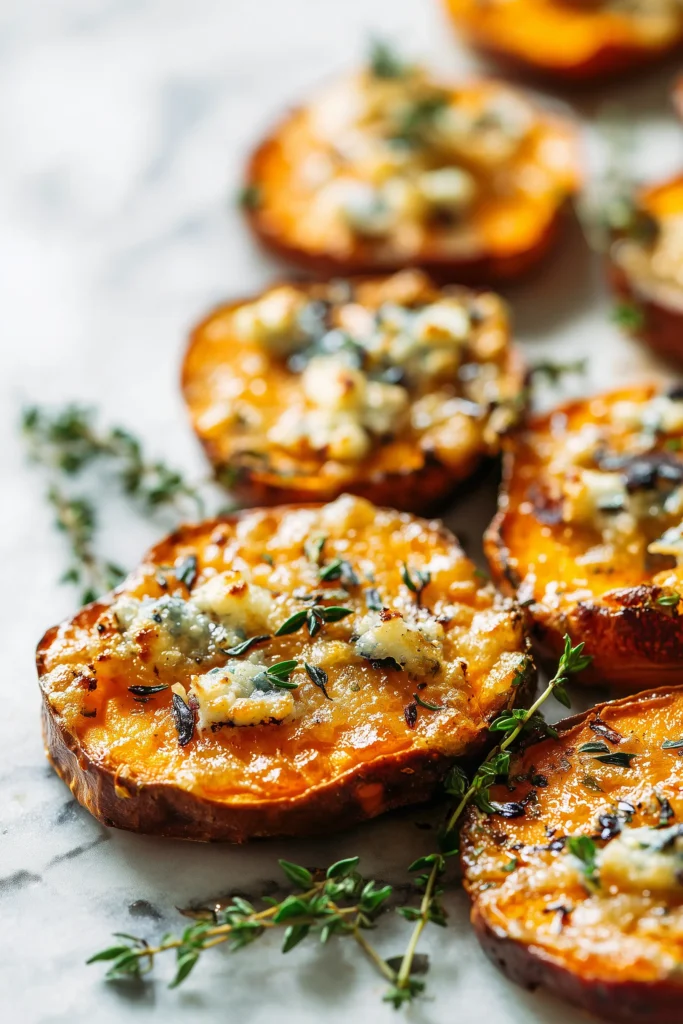 Baked Sweet Potato Slices 3 Close-up of Baked Sweet Potato Slices with golden, crispy edges and melted parmesan.