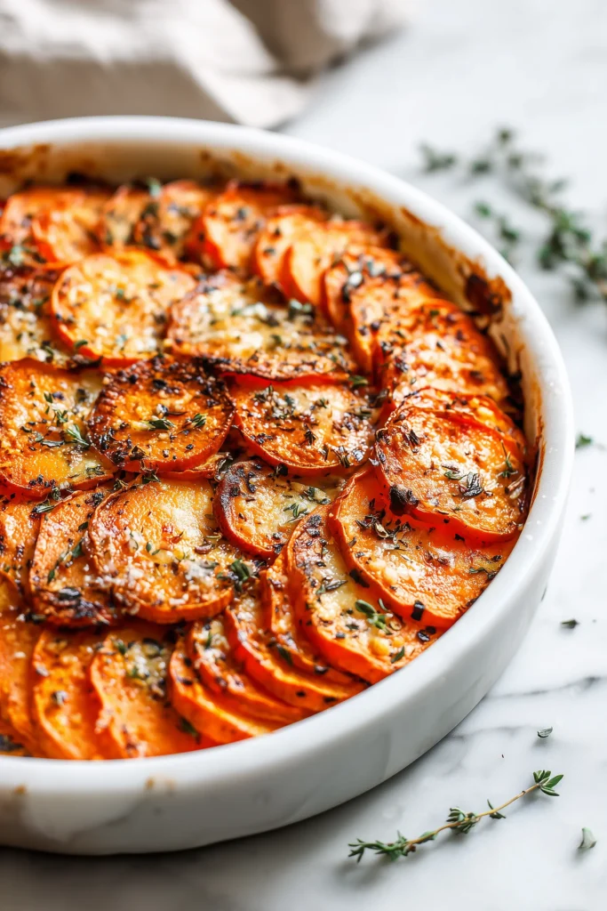 Overhead view of Baked Sweet Potato Slices, edges crispy and golden, centers soft, sprinkled with parmesan and herbs.