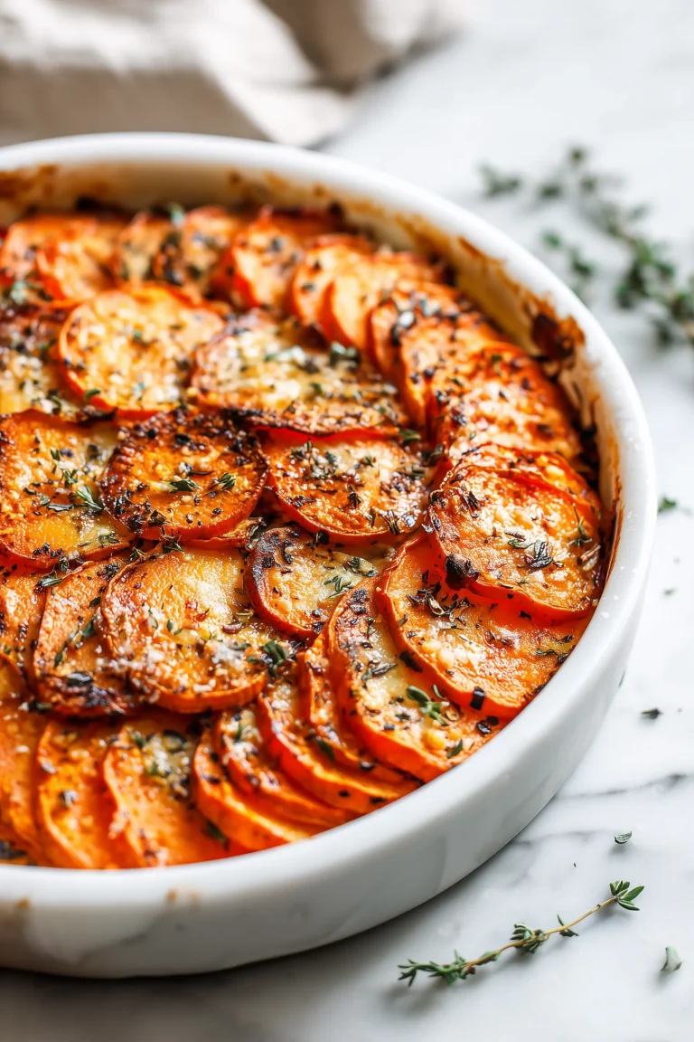 Overhead view of Baked Sweet Potato Slices, edges crispy and golden, centers soft, sprinkled with parmesan and herbs.