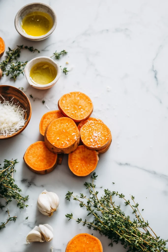 Baked Sweet Potato Slices 2 Overhead image of Baked Sweet Potato Slices ingredients prepped on white marble—sweet potato rounds, cheese, herbs, oil, and garlic.