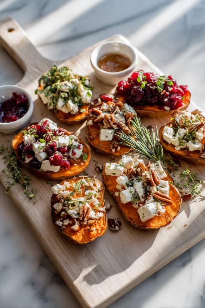 Baked Sweet Potato Slices 4 Party platter with Baked Sweet Potato Slices topped with brie, cranberries, pecans, and herbs, ready for gatherings.