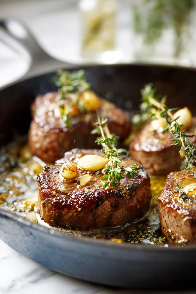 Ruth’s Chris Steakhouse’s Filet Mignon Recipe 3 Filet mignon steaks in a cast iron pan with bubbling butter, herbs, and garlic for Ruth’s Chris Steakhouse’s Filet Mignon Recipe.