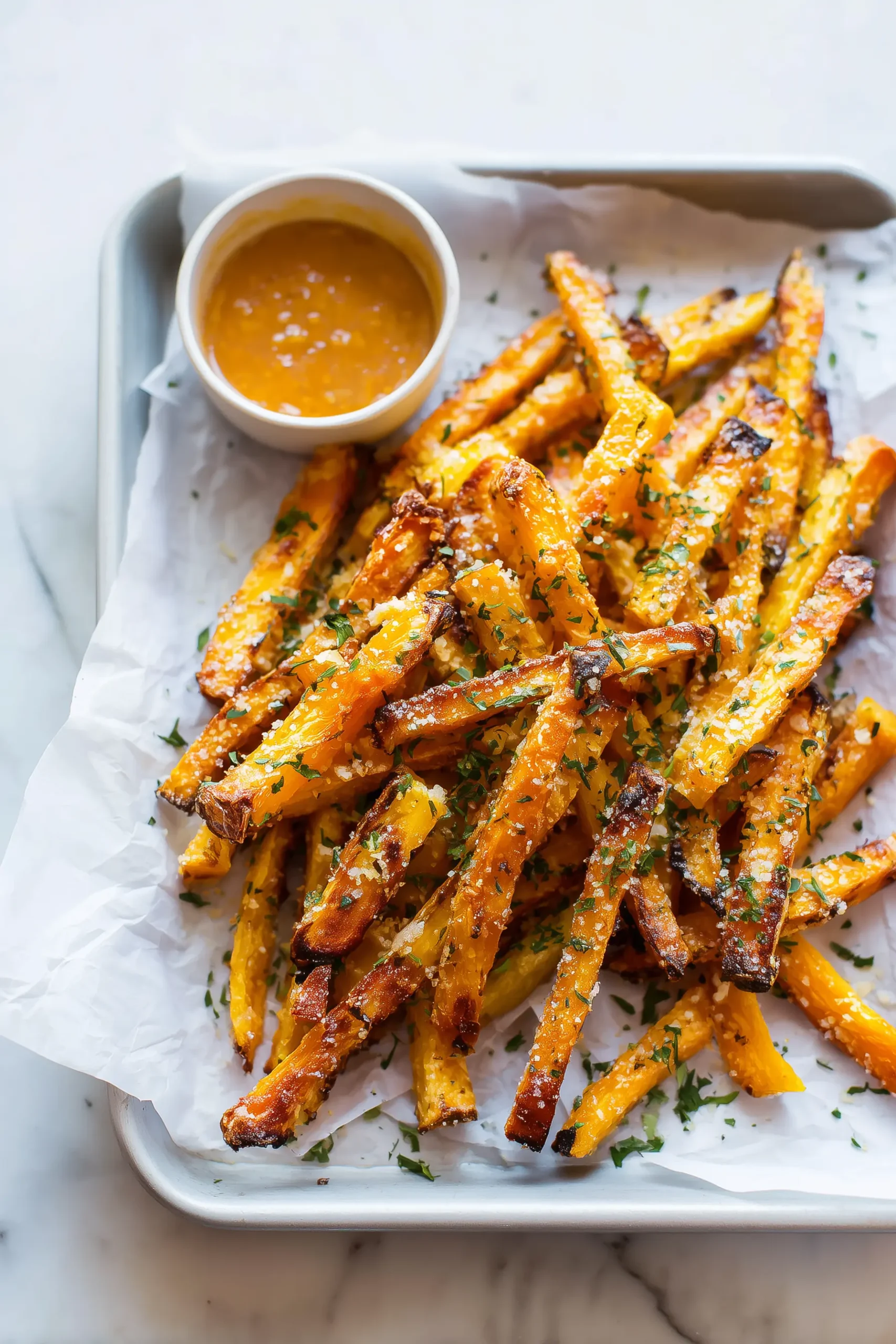 A tray of carrot fries arranged golden and crispy on parchment with dipping sauce.