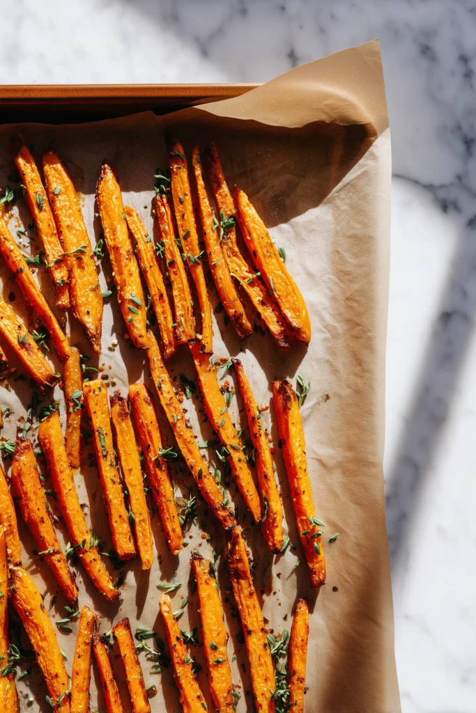 Carrot fries seasoned on a parchment-lined tray, ready for roasting.