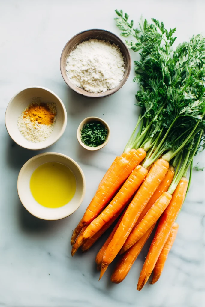 All of the ingredients for carrot fries arranged on marble in small bowls.