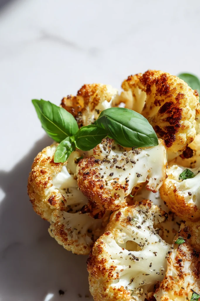 Marry Me Cauliflower 2 Crispy and golden close-up of Marry Me Cauliflower showing melty edges and flecks of herbs.