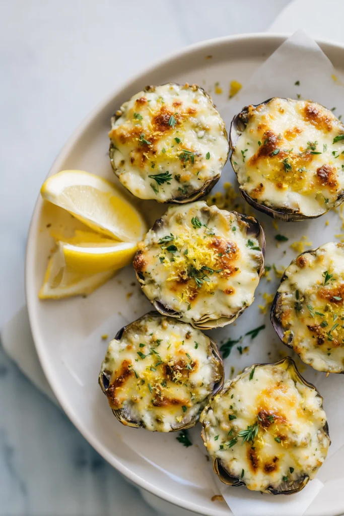 Baked cheesy lemon garlic artichoke bottoms on a white plate, cheese bubbling and golden.