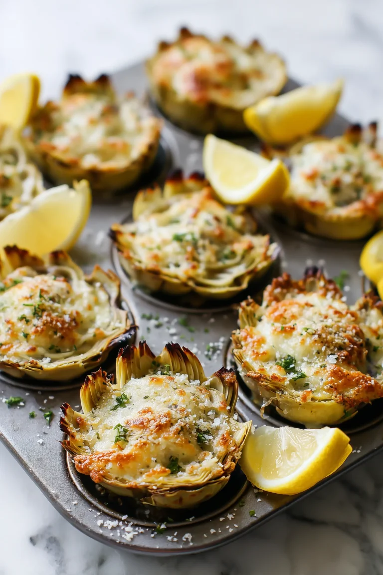 A tray of cheesy lemon garlic artichoke bottoms with golden melted cheese and fresh lemon zest.