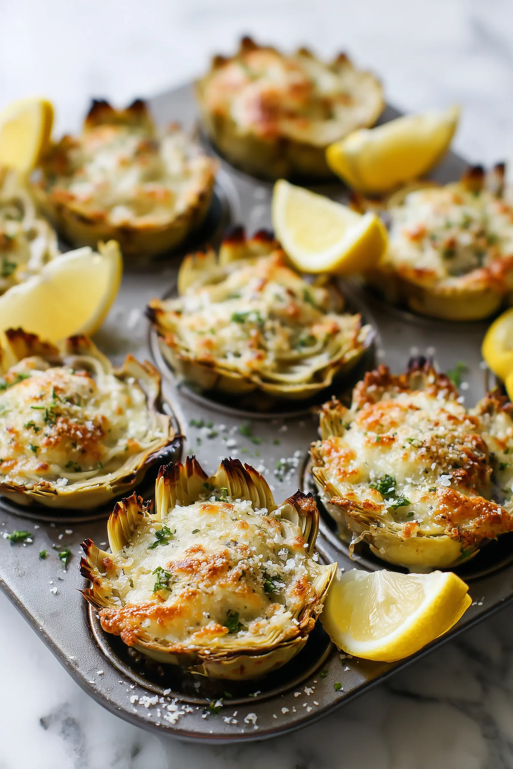 A tray of cheesy lemon garlic artichoke bottoms with golden melted cheese and fresh lemon zest.
