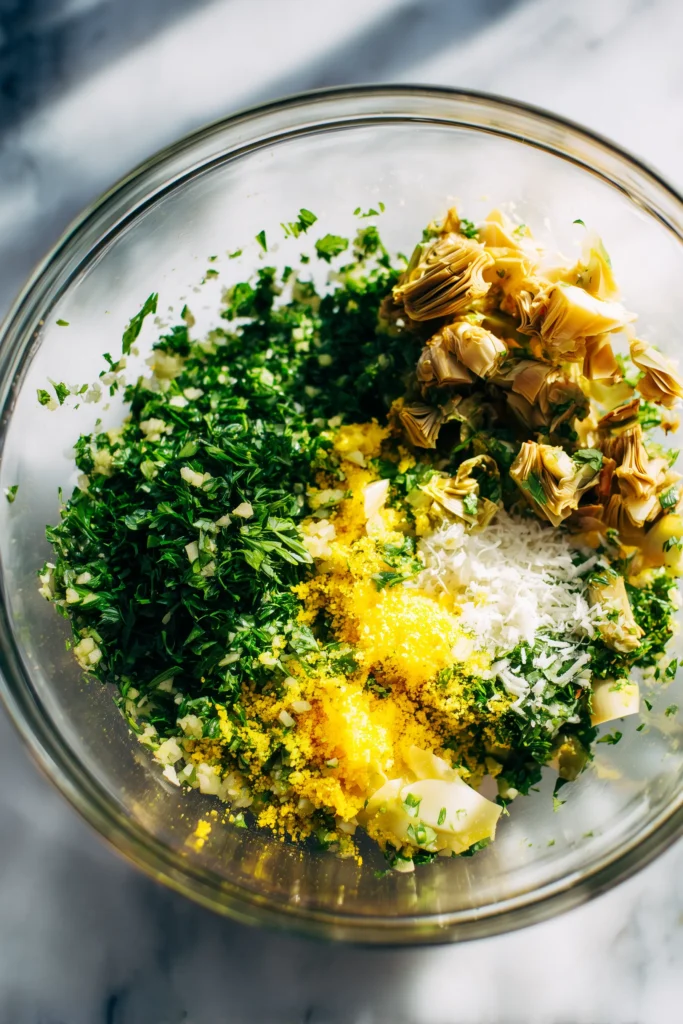 Mixing cheesy, herby, lemon-garlic filling for artichoke bottoms on a bright marble surface.