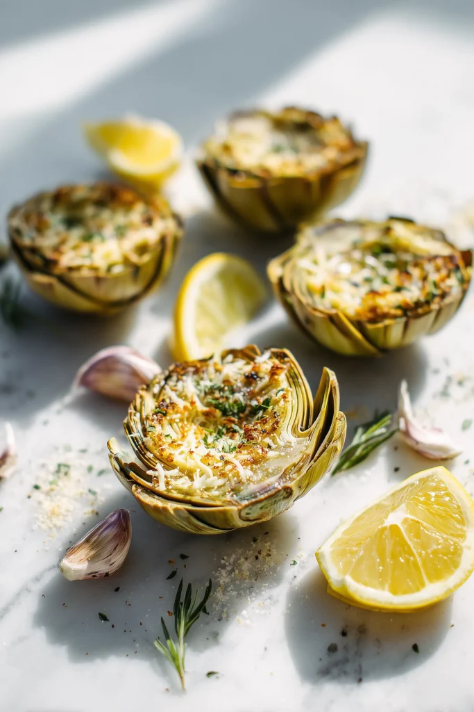 Ingredients for cheesy lemon garlic artichoke bottoms set out on a bright marble background.