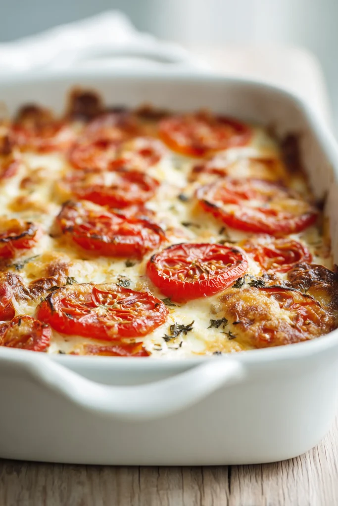 Cheesy Tomato Cottage Bake 3 Cheesy Tomato Cottage Bake with golden, bubbly cheese and caramelized tomato edges in a white baking dish.