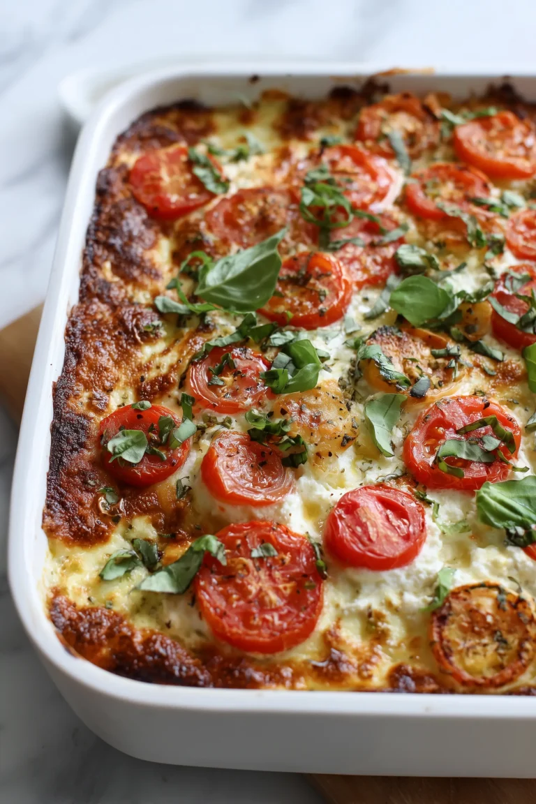 Golden Cheesy Tomato Cottage Bake in a white baking dish with cottage cheese, tomato slices, and bubbling cheese.
