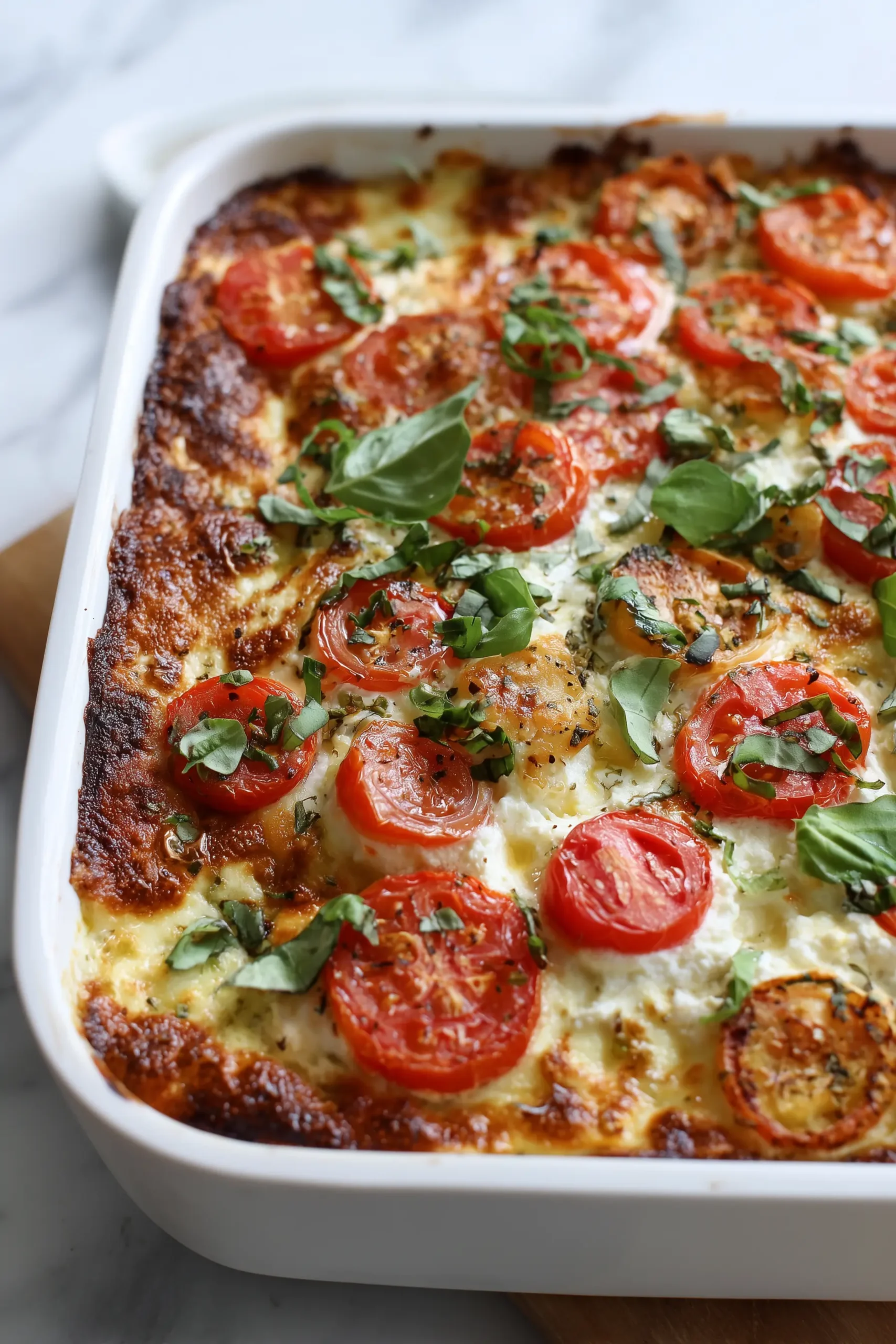 Cheesy Tomato Cottage Bake 5 Golden Cheesy Tomato Cottage Bake in a white baking dish with cottage cheese, tomato slices, and bubbling cheese.