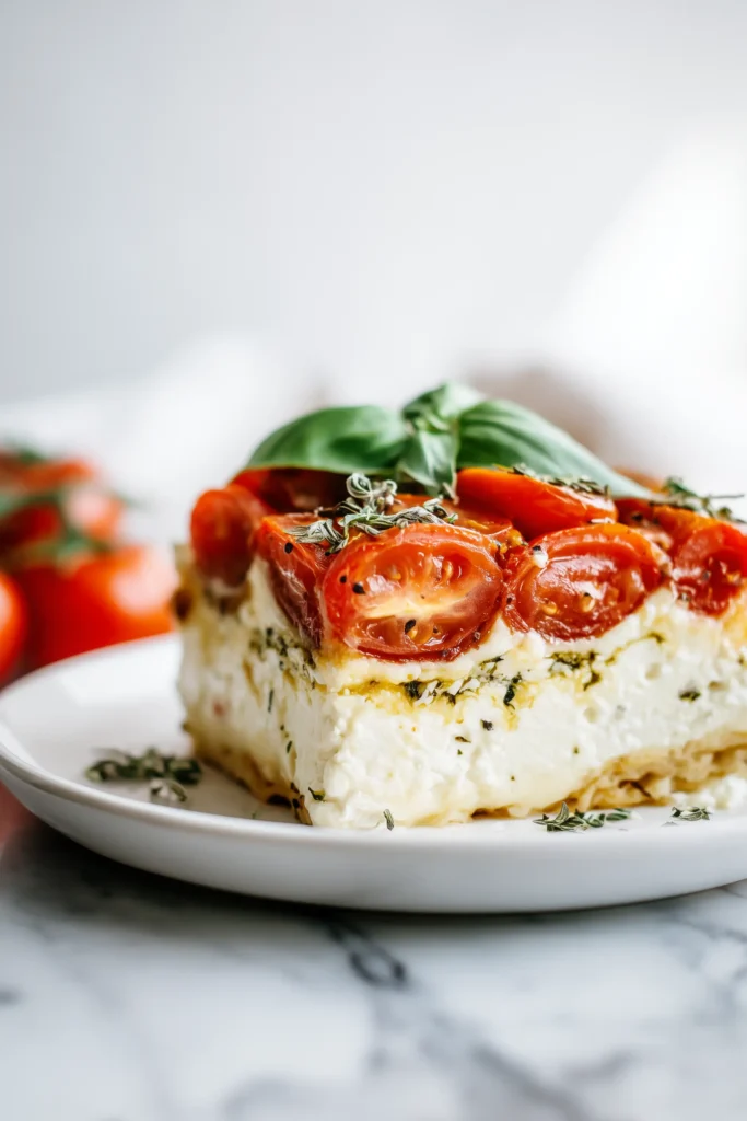 Cheesy Tomato Cottage Bake 4 Close-up slice of Cheesy Tomato Cottage Bake on white plate with visible cheese, tomatoes, and cottage cheese.
