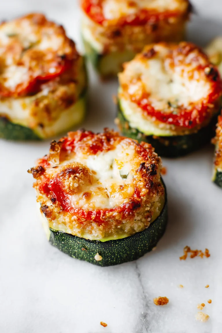 Golden Cheesy Zucchini & Tomato Bites with crispy cheese and roasted tomato on a white marble background.